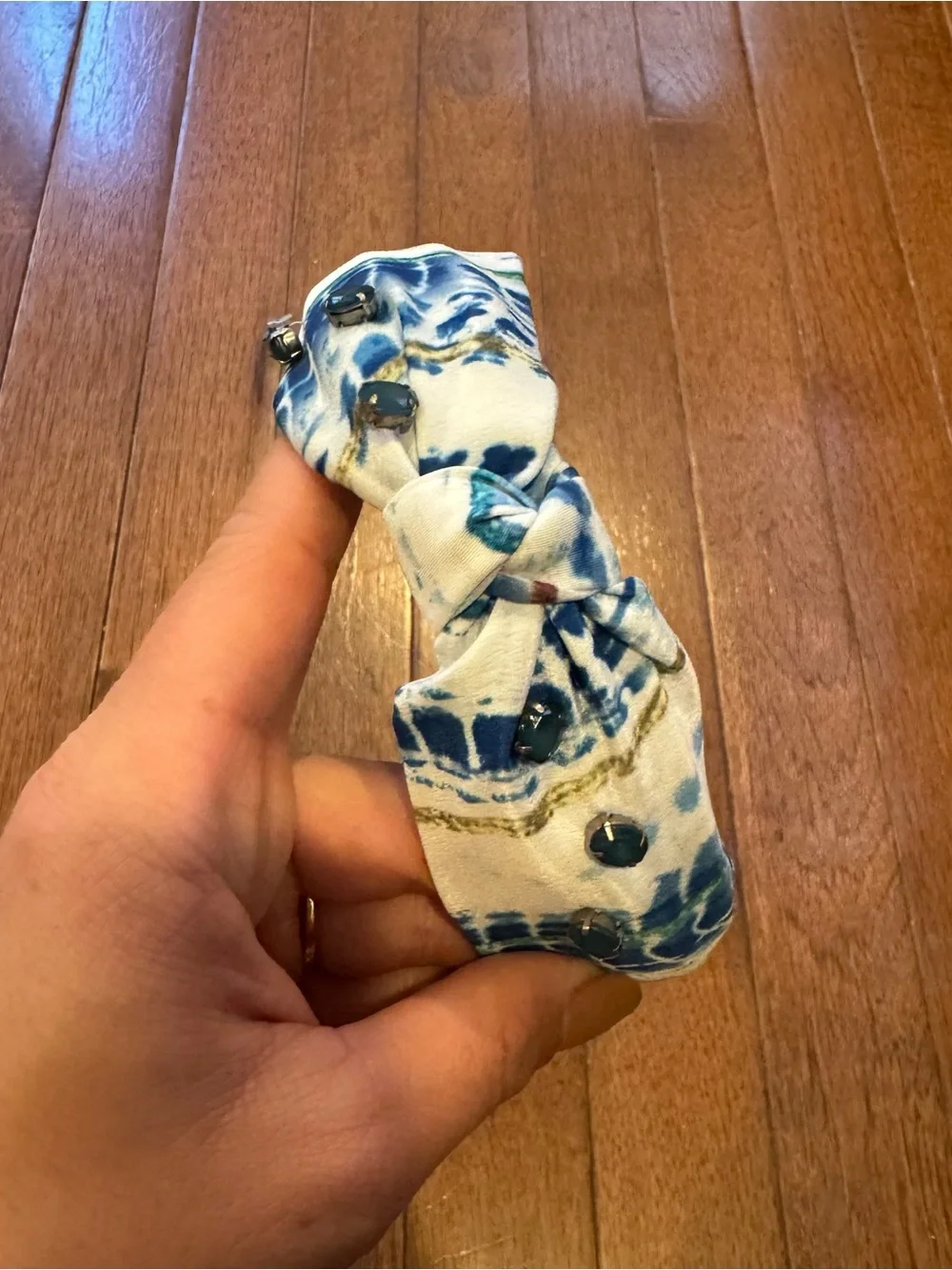 Blue & White Patterned Padded Headband with Gem Accents